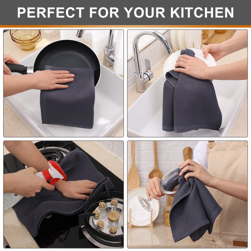 Kitinjoy 100% Cotton Waffle Weave Kitchen Towels, 4-Pack Super Soft and Absorbent Dish Towels for Drying Dishes, Kitchen Hand Towels, 13 in x 28 in, Dark Grey - Image 4